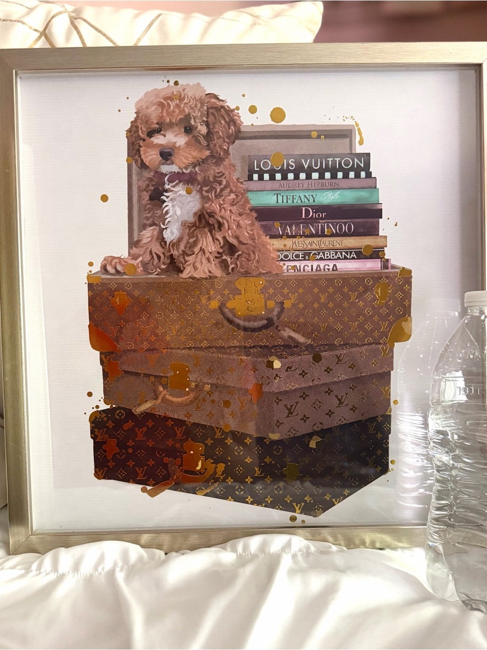 Luxury Stack Art Print with Brown Puppy and Designer Books